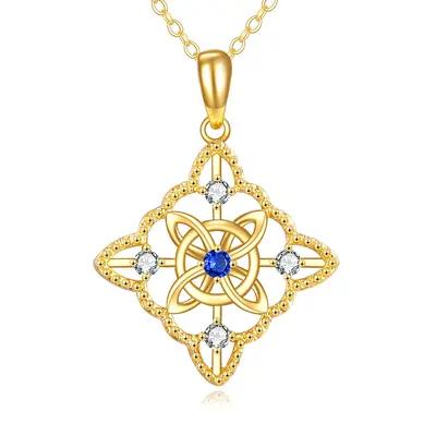 14K Gold Round Zircon Celtic Knot Pendant Necklace