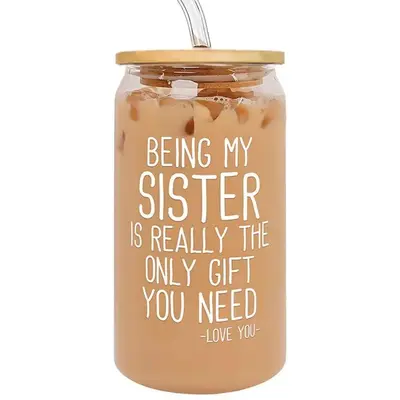 16oz Glass Cup with Straw & Straw Cleaning Brush, 1 Count Birthday Gift for Sister, Party Gift for Sister, Gift for Sister's ...