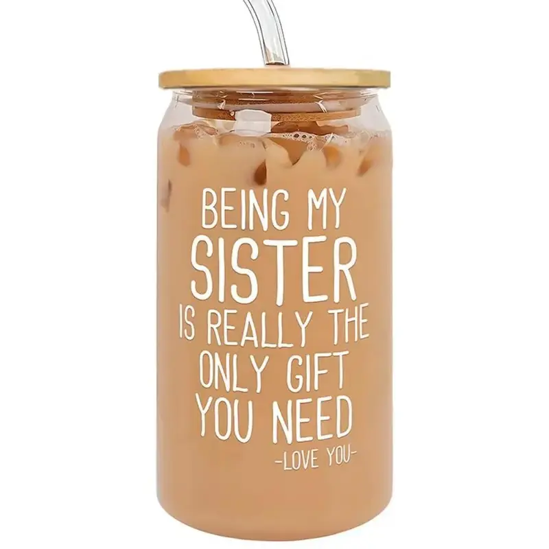 16oz Glass Cup with Straw & Straw Cleaning Brush, 1 Count Birthday Gift for Sister, Party Gift for Sister, Gift for Sister's ...