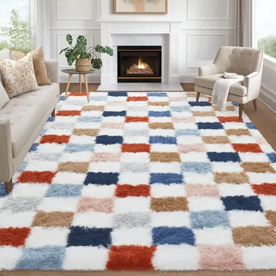 Garvee Plush Fuzzy 8x10 Area Rugs for Living Room, Washable Plush Checkered Rug for Bedroom, Modern Shag Rainbow Rugs Non Sli...