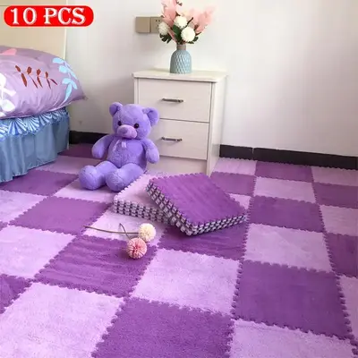 Colorblock Plush Puzzle Floor Mat, 10pcs/set Soft Comfortable Anti-slip Puzzle Area Rug, Interlocking Foam Tile, Cozy Floor C...