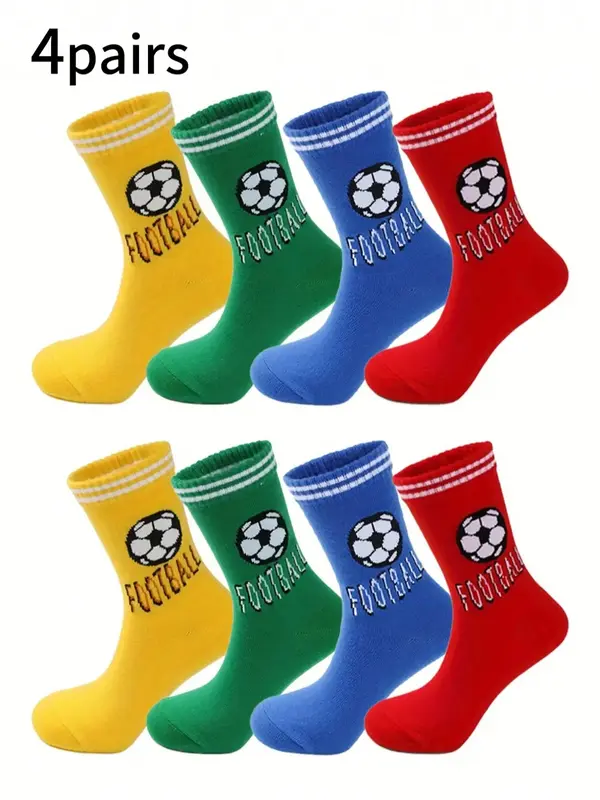 4 Pair Stylish Mid-Calf Socks for Boys and Girls, Features Sports and Soccer Patterns, Perfect for Everyday Wear