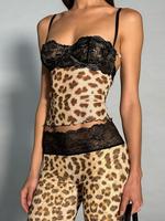 Women's Leopard Print Patchwork Lace Mesh Sexy Two-piece Set, Fashion Comfy Spaghetti Strap Cami Top & Flare Leg Pants Set ...