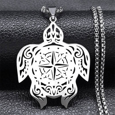 304 Stainless Steel Hollow Cut Compass Turtle Pendant Necklaces