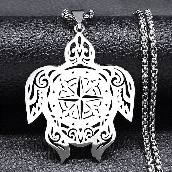 304 Stainless Steel Hollow Cut Compass Turtle Pendant Necklaces
