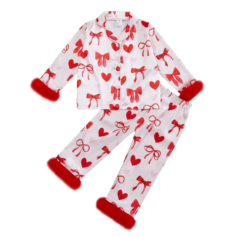 Kids Toddler Baby Girl Valentine's Day Pajama Sets Heart Bow Print Lapel Neck Button-up Tops Elastic Long Pant Plush Loungewe...