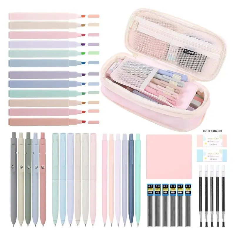 Aesthetic School Supplies Set, 44pcs/set Including Highlighter & Gel Pen & Mechanical Pencil & Pencil Case & Accessories, Art...