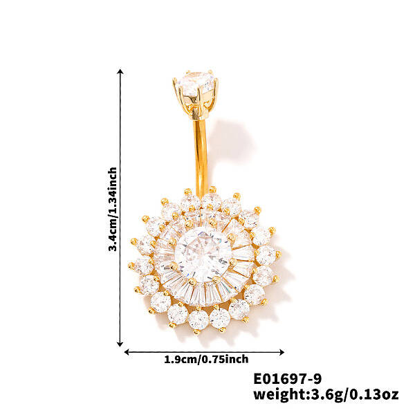 Chic Flower Brass Full Crystal Rhinestone Curved Barbell Belly Button Rings with Shiny Delicate Design