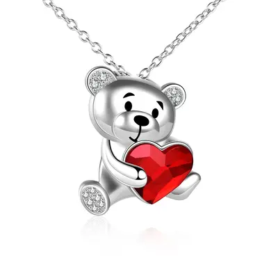 Sterling Silver Heart Crystal With Bear Pendant Necklace For Women