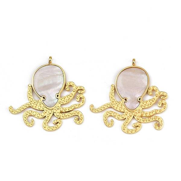 304 Stainless Steel Pave Natural Shell Pendants