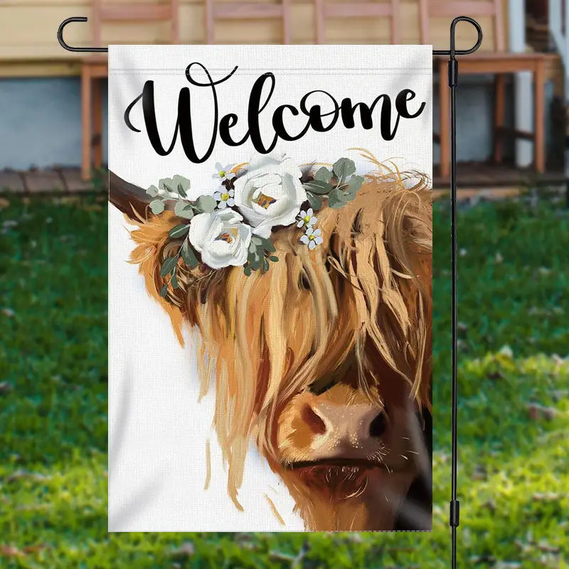 Merry Christmas Floral Yellow Cow Burlap Garden Flag - Aperturee