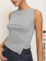 Women's Solid Color Button Asymmetrical Hem Tank Top, Casual Fitted Sleeveless Top for Daily Wear, Ladies Clothes for All Sea...