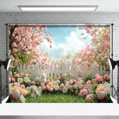 Aperturee Pink Garden Trees Fence Eggs Bunny Easter Backdrop, 3X2FT(1MX0.6M), 14 USD, easter backdrops, XQHD3X68-M