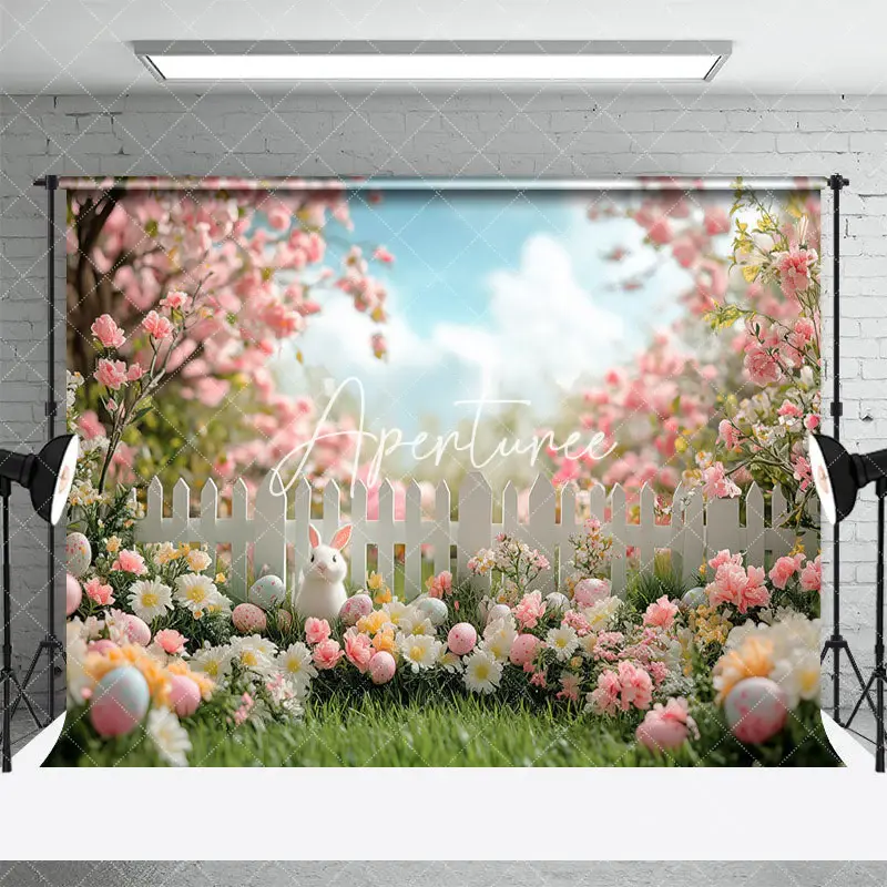 Aperturee Pink Garden Trees Fence Eggs Bunny Easter Backdrop, 3X2FT(1MX0.6M), 14 USD, easter backdrops, XQHD3X68-M
