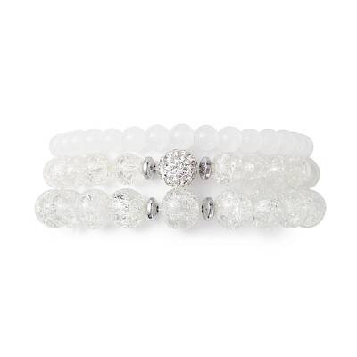 3Pcs 3 Style Glass Round Beaded Stretch Bracelets Set