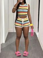 Women's Striped Print Crop Tank Top & Skinny Shorts Knit Set, Casual Slim Sleeveless Crop Top & Shorts, Ladies Summer, Clothe...