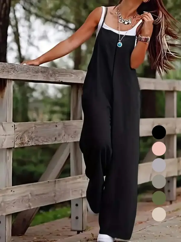 Women's Basic Solid Color Wide Leg Cami Jumpsuit without Tank Top, Casual Sleeveless Spaghetti Strap Jumpsuit for Summer, Lad...