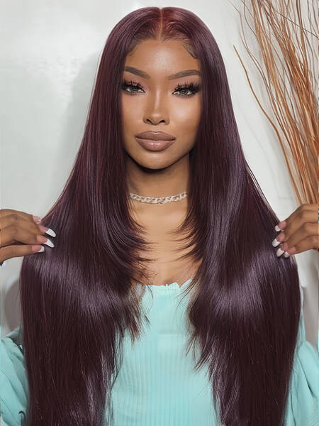 13x4 Pre-Everything Lace Frontal Black Cherry Layered Straight Wig 150% Bouncy Density