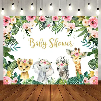 Aperturee Jungle Pink Rose Baby Animals Baby Shower Backdrop