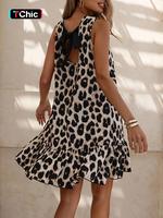 Women's Leopard Print Open Back A-line Dress - Sleeveless Round Neck Summer Party Dress with Ruffled Hem, Machine Washable El...