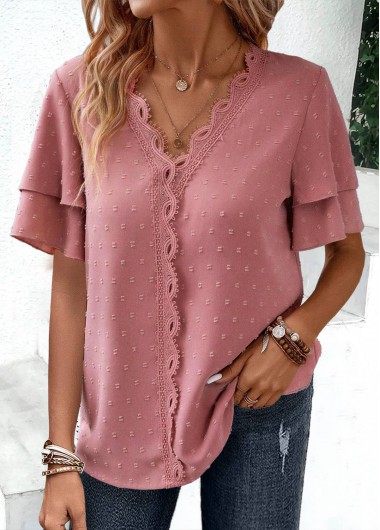 Modlily Pink Lace Short Sleeve V Neck Blouse - M