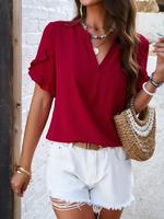 Women's Plain Ruffle Trim Petal Sleeve Notched Neck Blouse, Summer Clothes Women, Elegant Fashion Top for Summer, Ladies Cl...