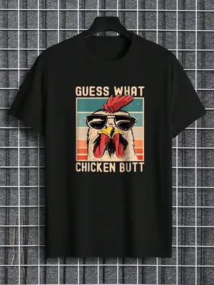 Men's Regular Fit Letter & Chicken Print Round Neck Tee, Summer Clothes Casual Soft Comfortable Short Sleeve T-shirt For Dai...