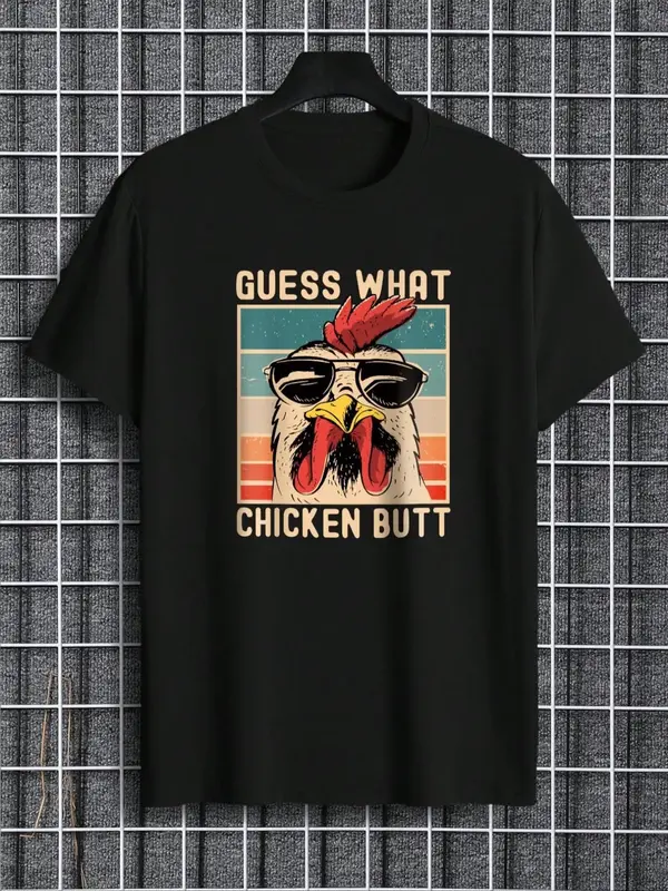 Men's Regular Fit Letter & Chicken Print Round Neck Tee, Summer Clothes Casual Soft Comfortable Short Sleeve T-shirt For Dai...