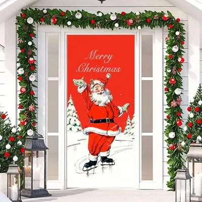 Red White Santa Claus Merry Christmas Door Cover - Aperturee