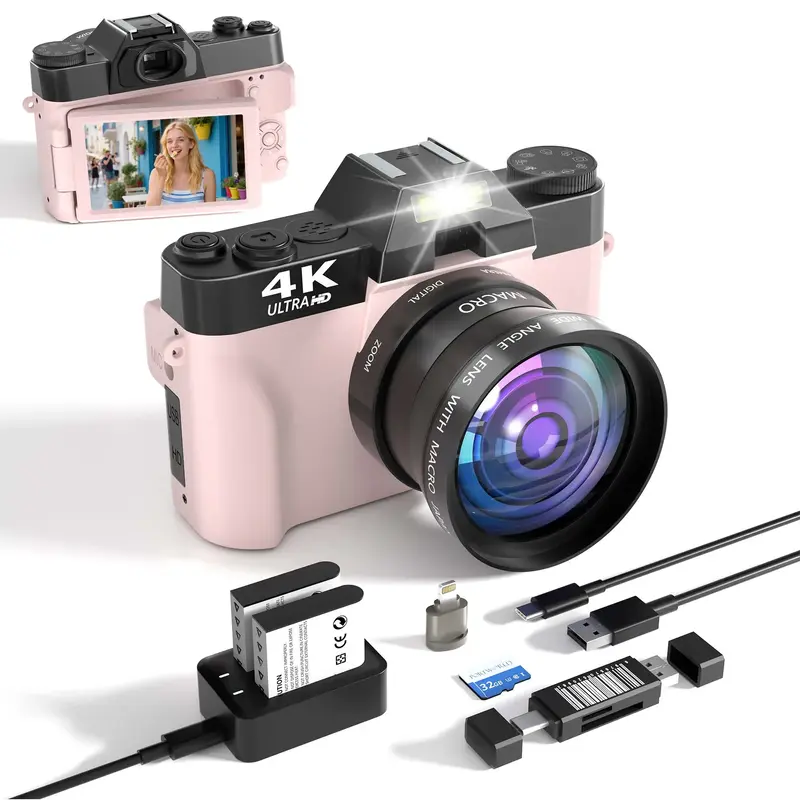 4k digital camera,vlogging camera, with 180°Flip Screen cameras for pictures,16x Digital Zoom，mic for camera vlog,32G TF C...