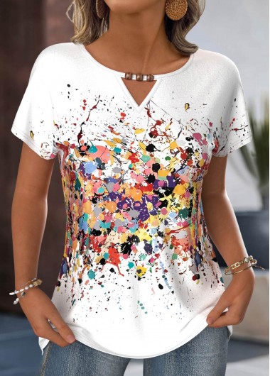 Modlily White Geometric Print Short Sleeve Round Neck T Shirt - M