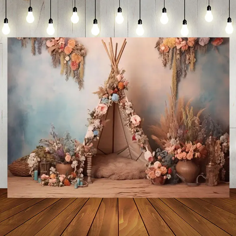 Floral Reed Tent Boho Birthday Backdrop for Girls - Aperturee
