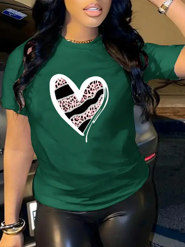 Women's Heart & Leopard Print Round Neck Tee, Summer Clothes Women Fashion Casual Crew Neck Short Sleeve T-shirt, Summer Outf...