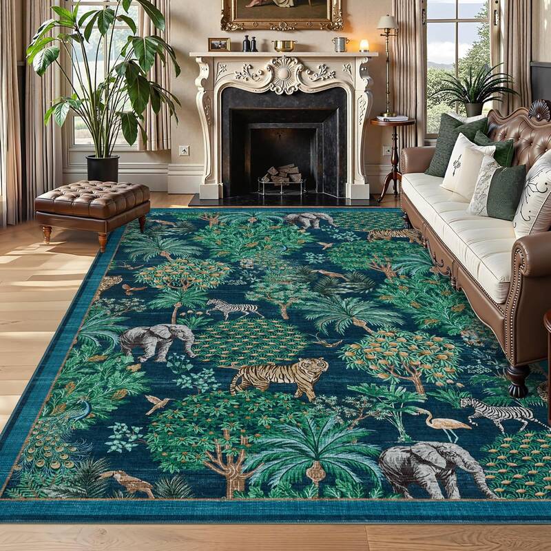 Garvee Modern Printed Area Rug Blue Vintage Soft Low-Pile Polyester Washable Non-Shedding Non-Slip 8x10 ft Bedroom Living Roo...