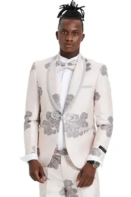 Light Pink Suit For Mens Gray Tuxedo - Grey Wedding Suit-Mens One Button Vested Shawl Tuxedo In Pink & Silver Paisely With La...