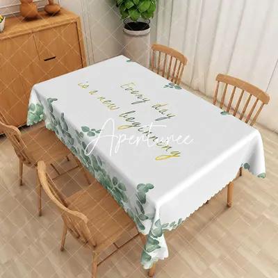 Aperturee Positive Green Leaves White Rectangle Tablecloth, 52 x 70 inch, 30.82 USD, rectangle tablecloths, ZWH01853-A