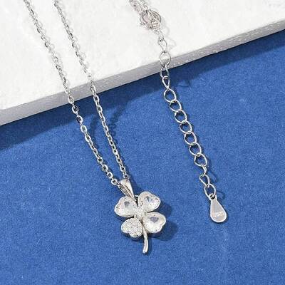 925 Sterling Silver Pave Clear Cubic Zirconia Clover Pendant Necklaces for Women