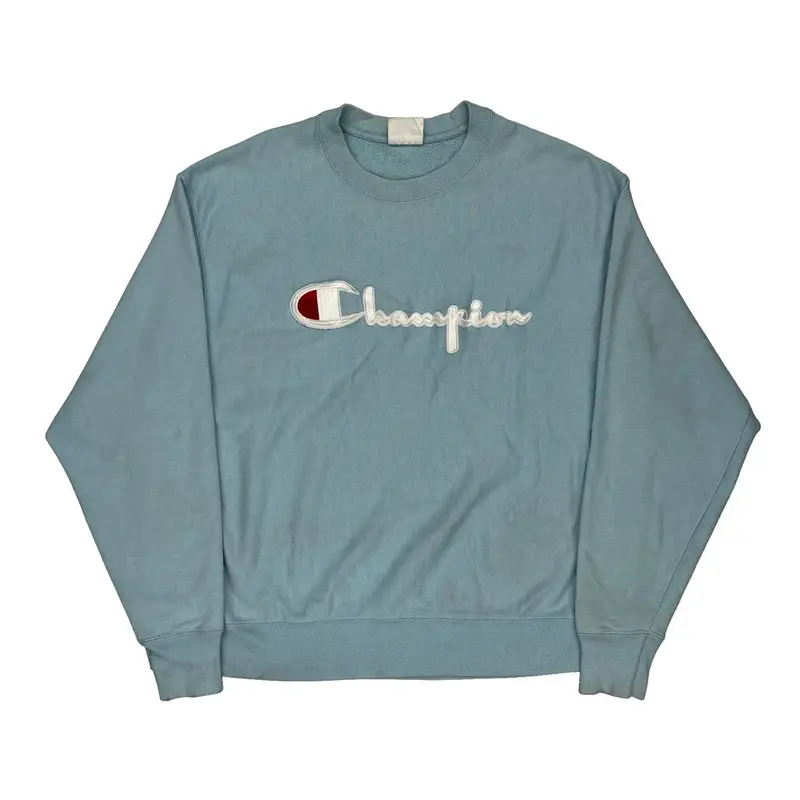 Reverse Weave Champion Spellout Sweatshirt - XL Blue Cotton Blend
