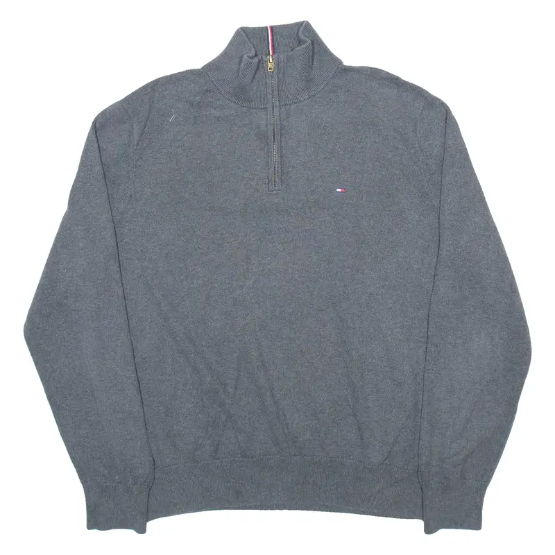 TOMMY HILFIGER Mens Jumper Grey 1/4 Zip Tight Knit L