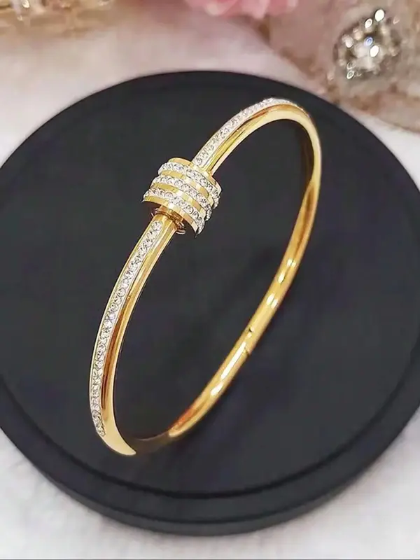Elegant Rhinestone Decorated Stainless Steel Bangle, Fashionable Rotatable Design Bangle For Women, Luxury Gorgeous Jewelry F...