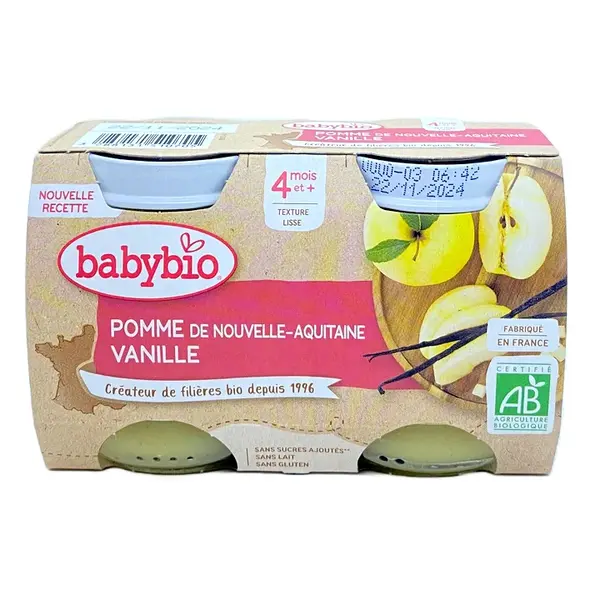 Babybio Fruit Jars - 4 months and + - Apple, Vanilla - ORGANIC 2x130 g