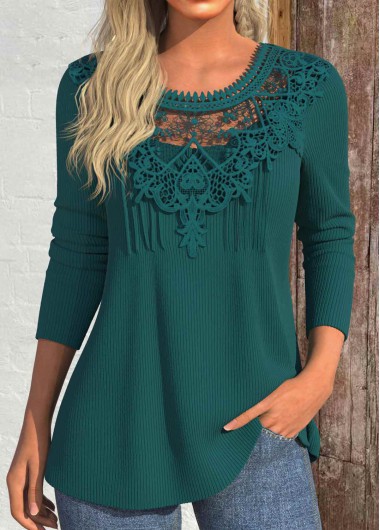Modlily Blackish Green Patchwork Long Sleeve Round Neck T Shirt - L