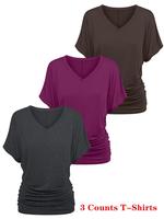 Women's Plain V Neck Batwing Sleeve Tee, Casual Solid Color Short Sleeve T-Shirt for Daily Wear, Ladies Clothes for All Seaso...