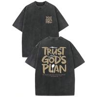 1 Piece, 230G Double-Sided Water Wash, Believe In God's Plan1 Piece, Washed Printed T-Shirt 230g, High-Quality Batik Cotton R...