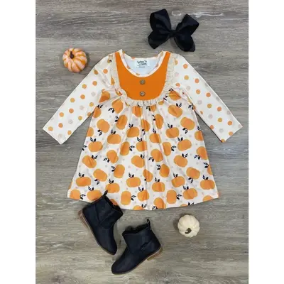 Polka Pumpkin Girls Long Sleeve Dress