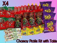 Four Family Pack Chamoy Pickle Kits with Takis, Lucas Powder, Liquid Lucas, Salsaghetti, Gushers, and Fruit Roll Ups Snacks G...