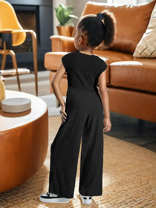 Girl's Solid Ribbed  Top &  Pants  Set, Casual Fashion  Top &  Trousers for Daily Outdoor Wear, Kids Clothing for Summer