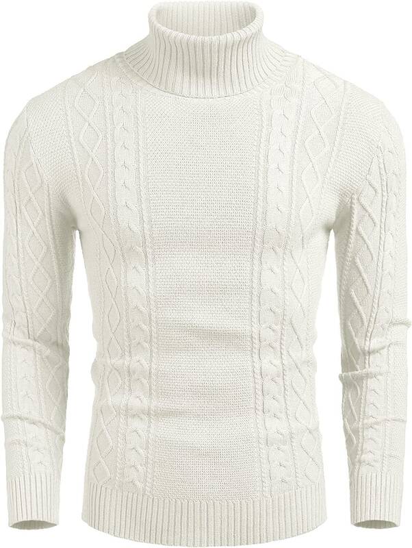 Turtleneck Casual Cable Knitted Pullover Sweaters (US Only), White / XXL