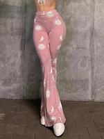 Women's Galaxy Print High Waist Rib Flares Leg Pants, Casual Comfy Elastic Waist Bell Bottom Trousers, Summer Pants, Ladies B...