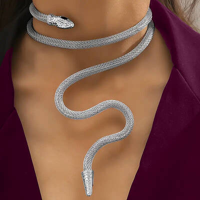 Adjustable Alloy Jet Rhinestone Snake Cuff Choker Necklaces